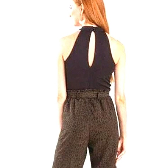 Charlie's Angels Jumpsuit Black Top Leopard Bottoms Sleeveless Wide Sz S Olive - Picture 3 of 10